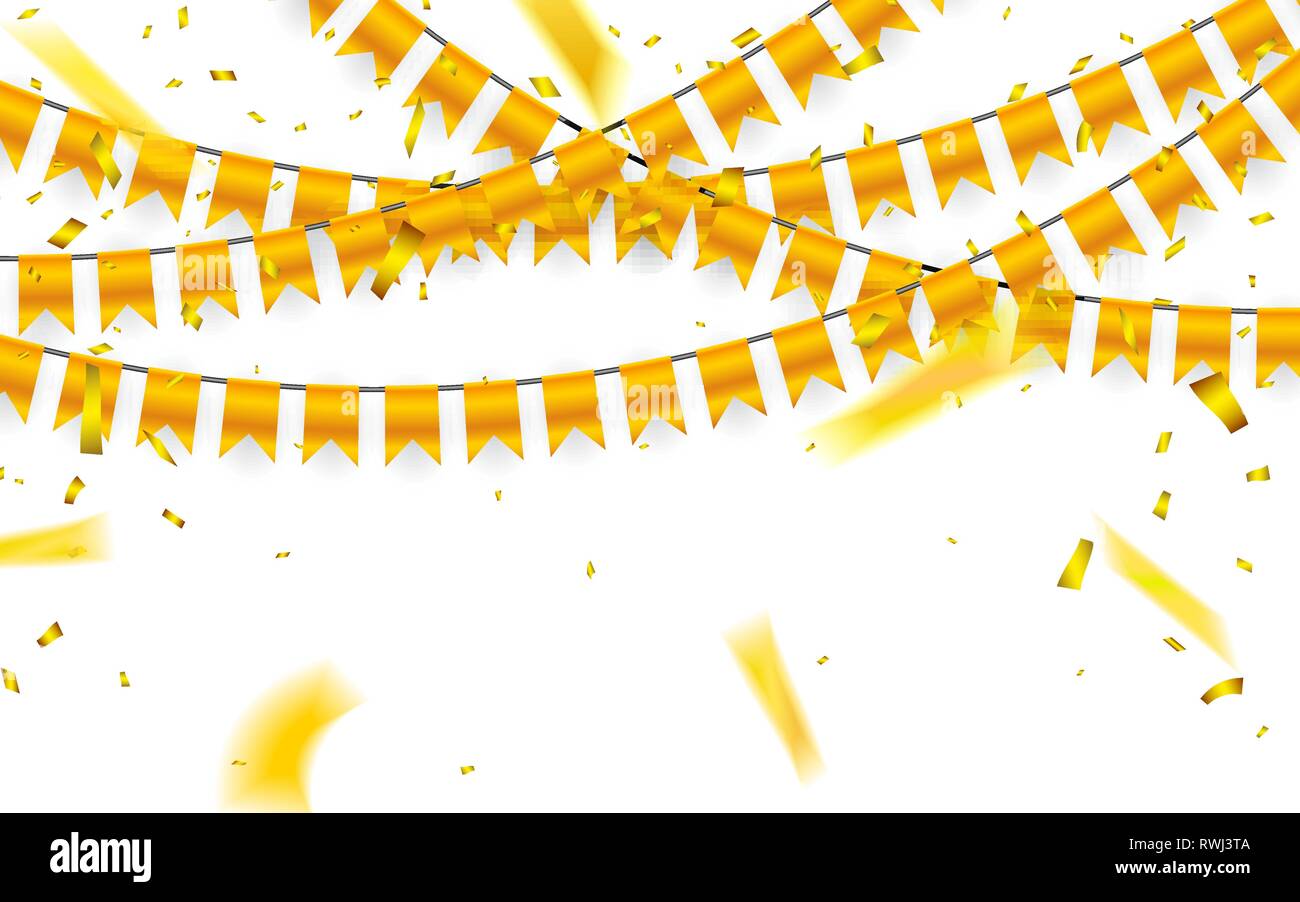 Arrière-plan modèle de célébration avec de l'or et l'or confettis guirlande drapeau. Vector illustration. Illustration de Vecteur
