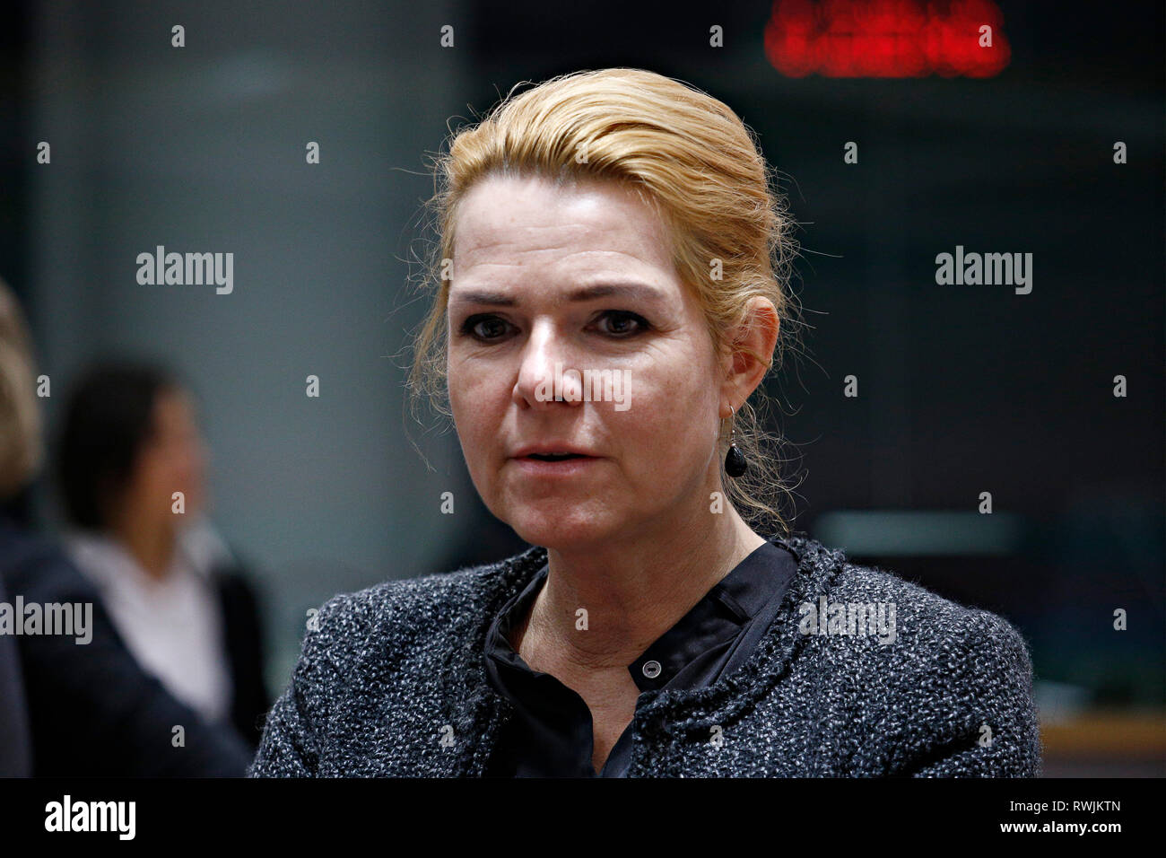 Bruxelles, Belgique. 7 mars 2019. Ministre de l'Immigration danoise Inger Stojberg arrive à assister à un Conseil Justice et affaires intérieures de l'UE. Alexandros Michailidis/Alamy Live News Banque D'Images