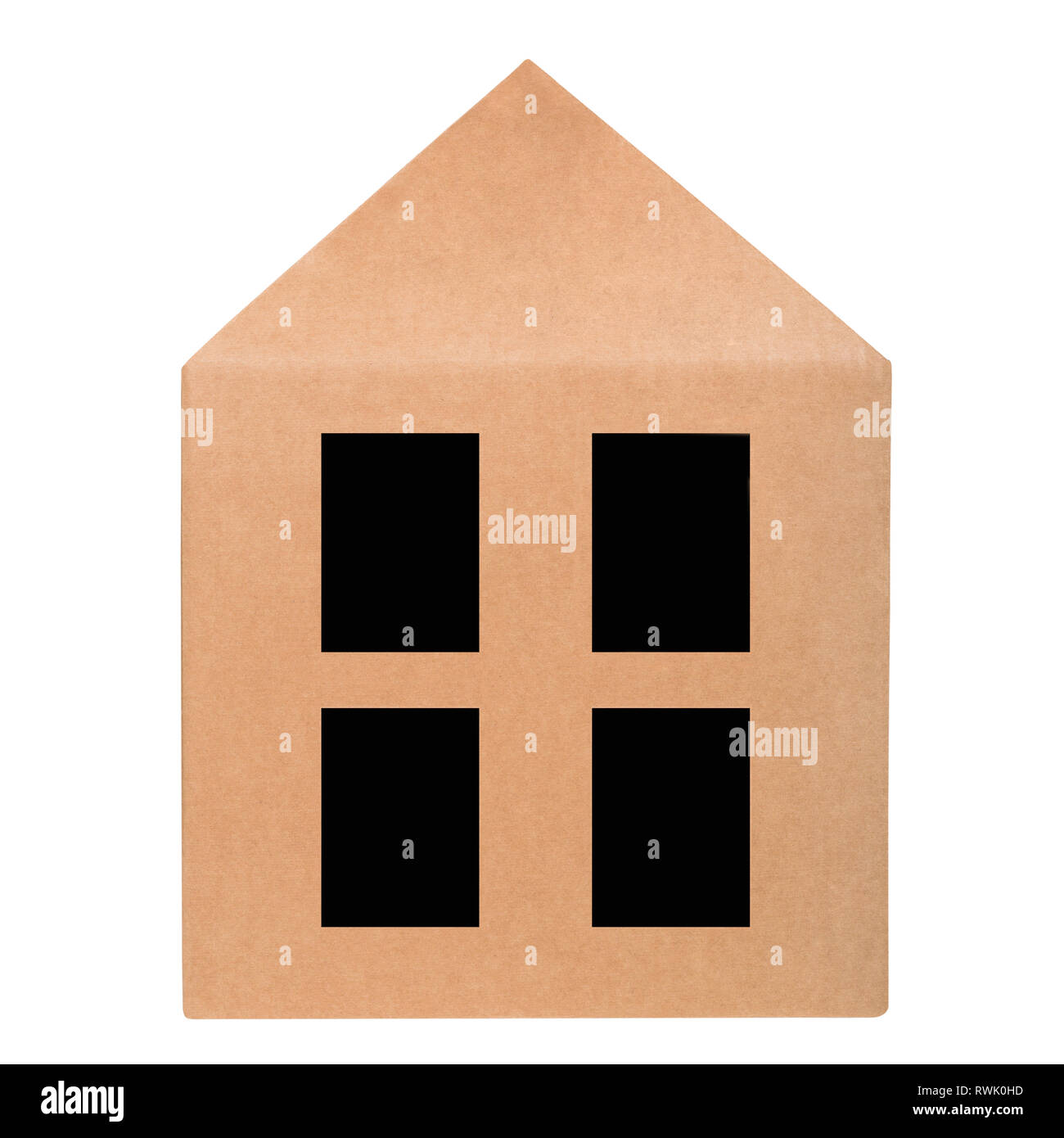 Maison en carton avec windows isolé sur fond blanc Banque D'Images