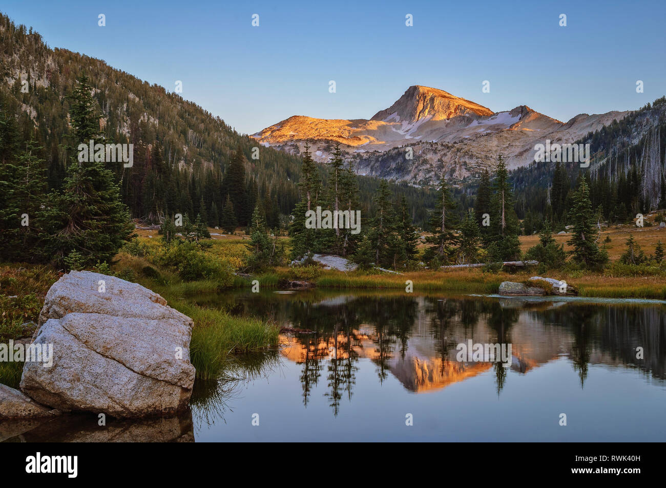 Les Eagle Mountain reflétée dans un pré, étang dans la vallée de la rivière East Fork Lostine ; Eagle Cap désert, montagnes Wallowa, l'Est de l'Oregon. Banque D'Images