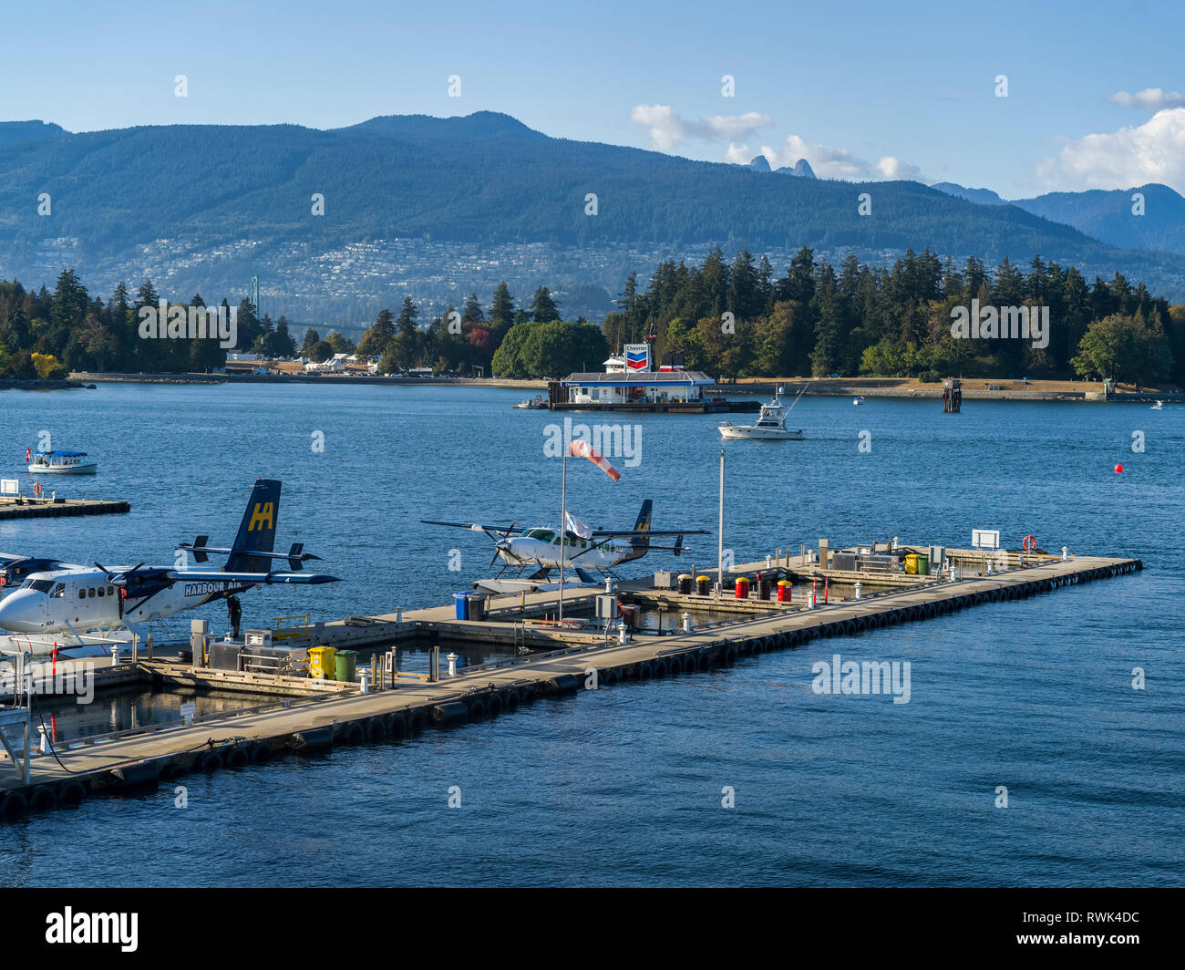 Les hydravions stationnés le long d'un quai dans un port le long de la côte ; Vancouver, Colombie-Britannique, Canada Banque D'Images