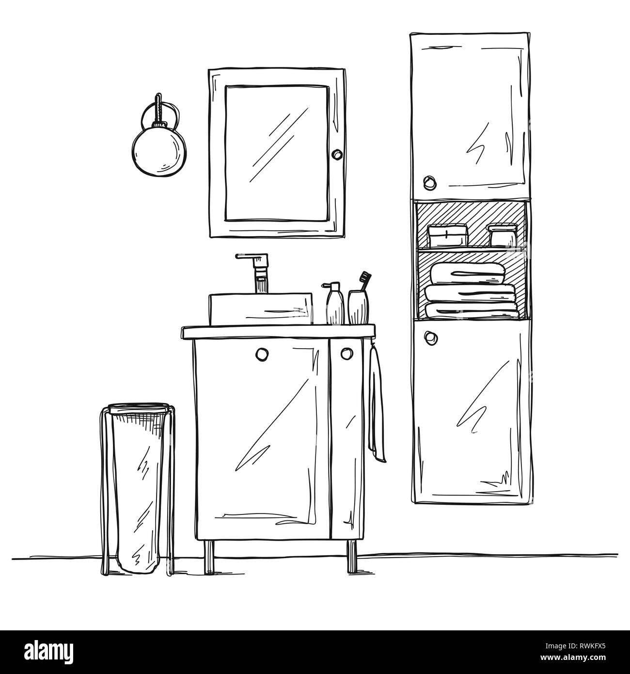 Sketch partie de la salle. Lavabo, armoires et autres éléments. Vector Illustration de Vecteur