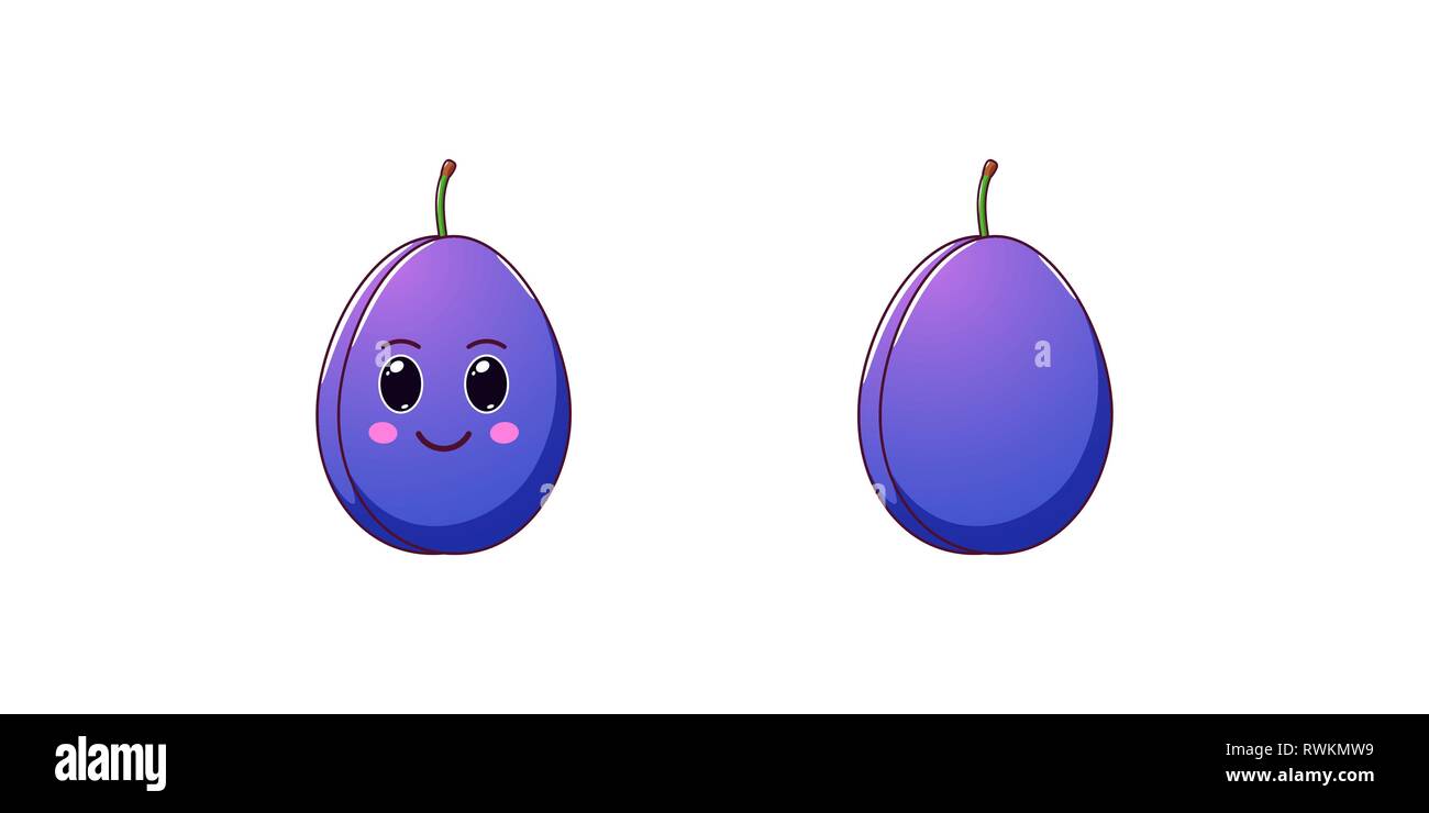 Kawaii Cute Cartoon de prune, de fruits mûrs. Cartoon Vector illustration de Blue Plum avec Genre les yeux et sourire, drôle icônes emoji. Autocollant fruité juteux. Enfant Prin Illustration de Vecteur