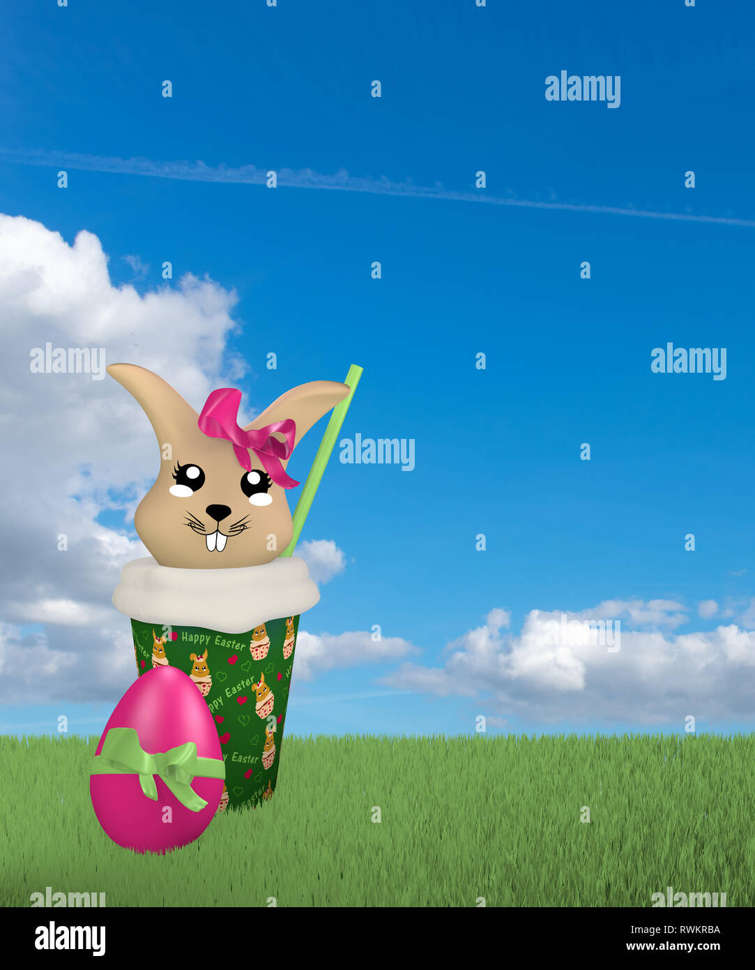 3d cute Kawaii lapin de Pâques en milk-shake sur pré vert avec cloud sky. Le rendu 3D Banque D'Images