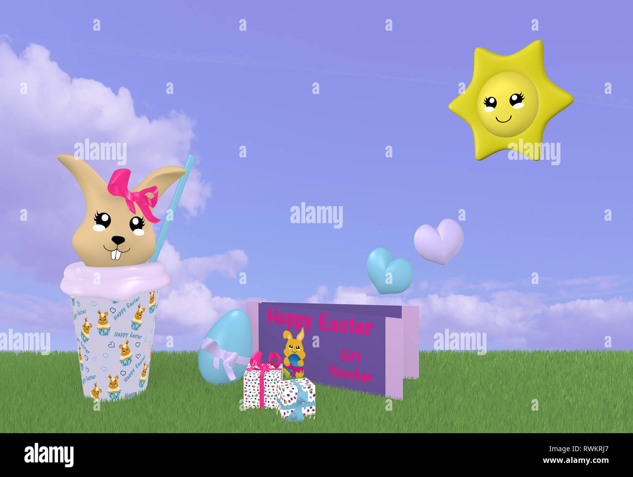 Kawaii 3d lapin de Pâques sur pré vert avec Sun, certificat-cadeau et cloud sky. Le rendu 3D Banque D'Images