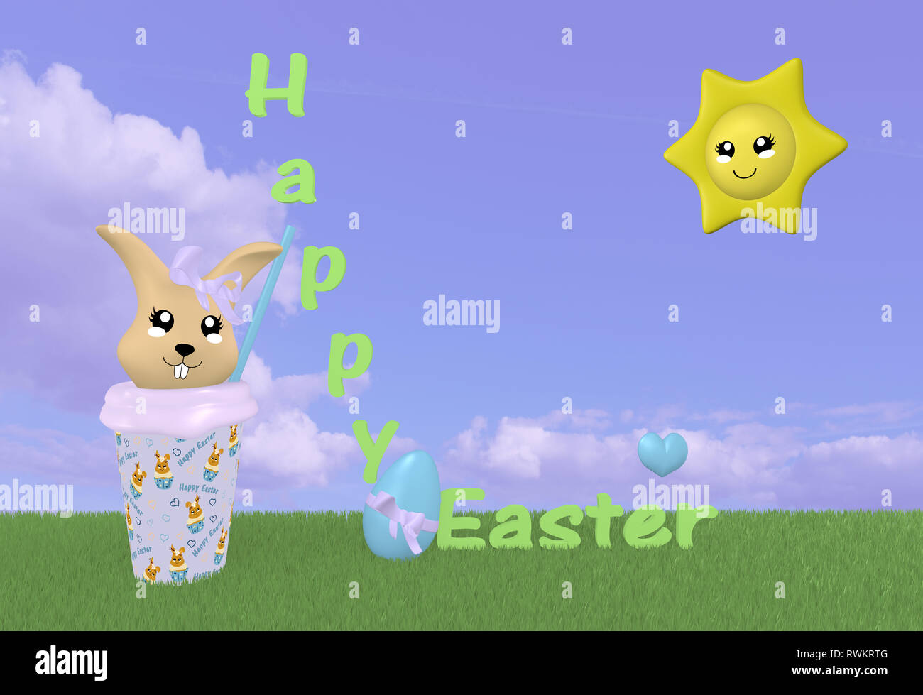 Kawaii 3d lapin de Pâques sur pré vert avec Sun, décorations et cloud sky. Le rendu 3D Banque D'Images