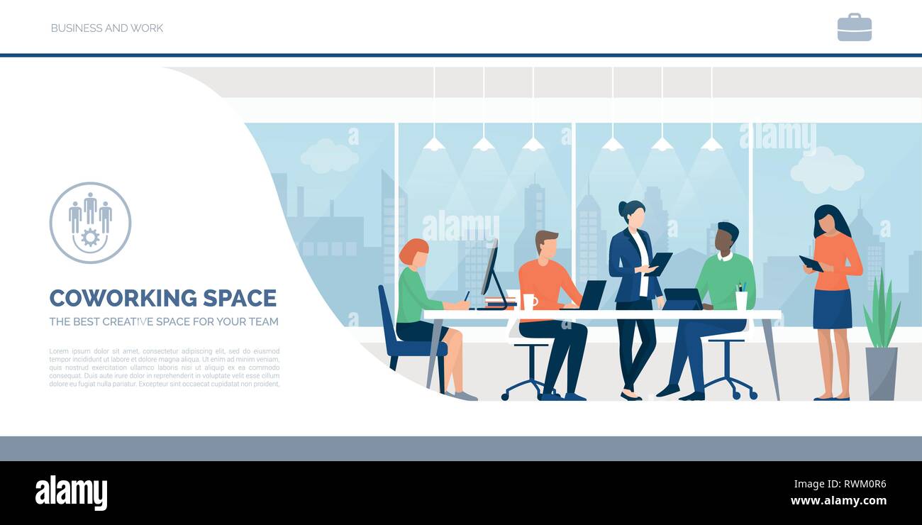 Les gens d'affaires travailler ensemble dans un espace de coworking, ils se connectent avec leur ordinateur et discuter d'un projet, d'équipe concept Illustration de Vecteur
