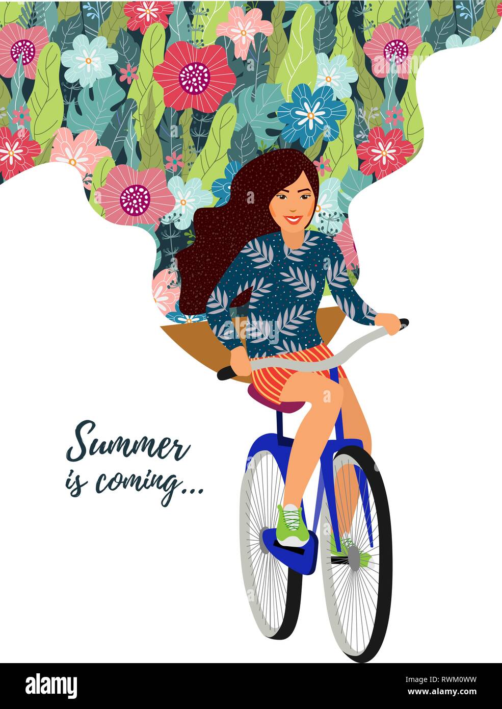 L'été arrive. Vector illustration avec cute cartoon girl sur un vélo et floral background sur fond blanc Illustration de Vecteur