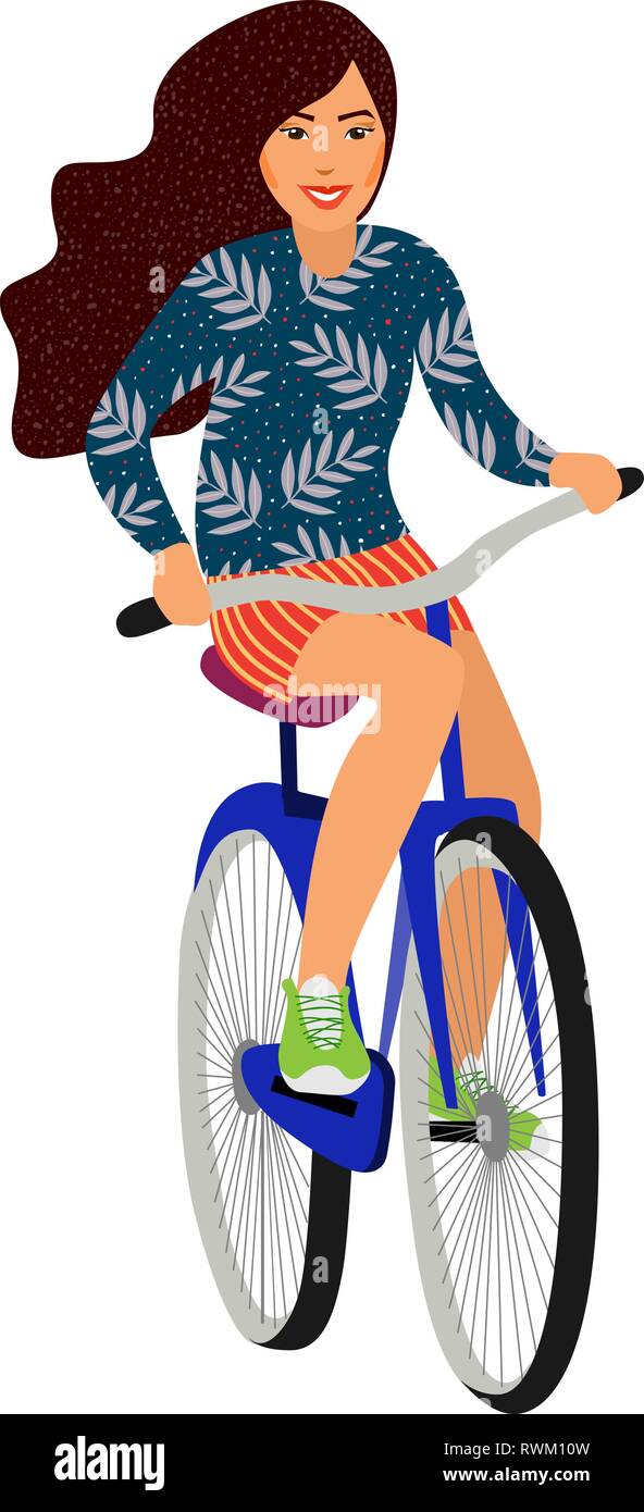 Jolie fille isolée sur un vélo sur un fond blanc, vector cartoon illustration Illustration de Vecteur