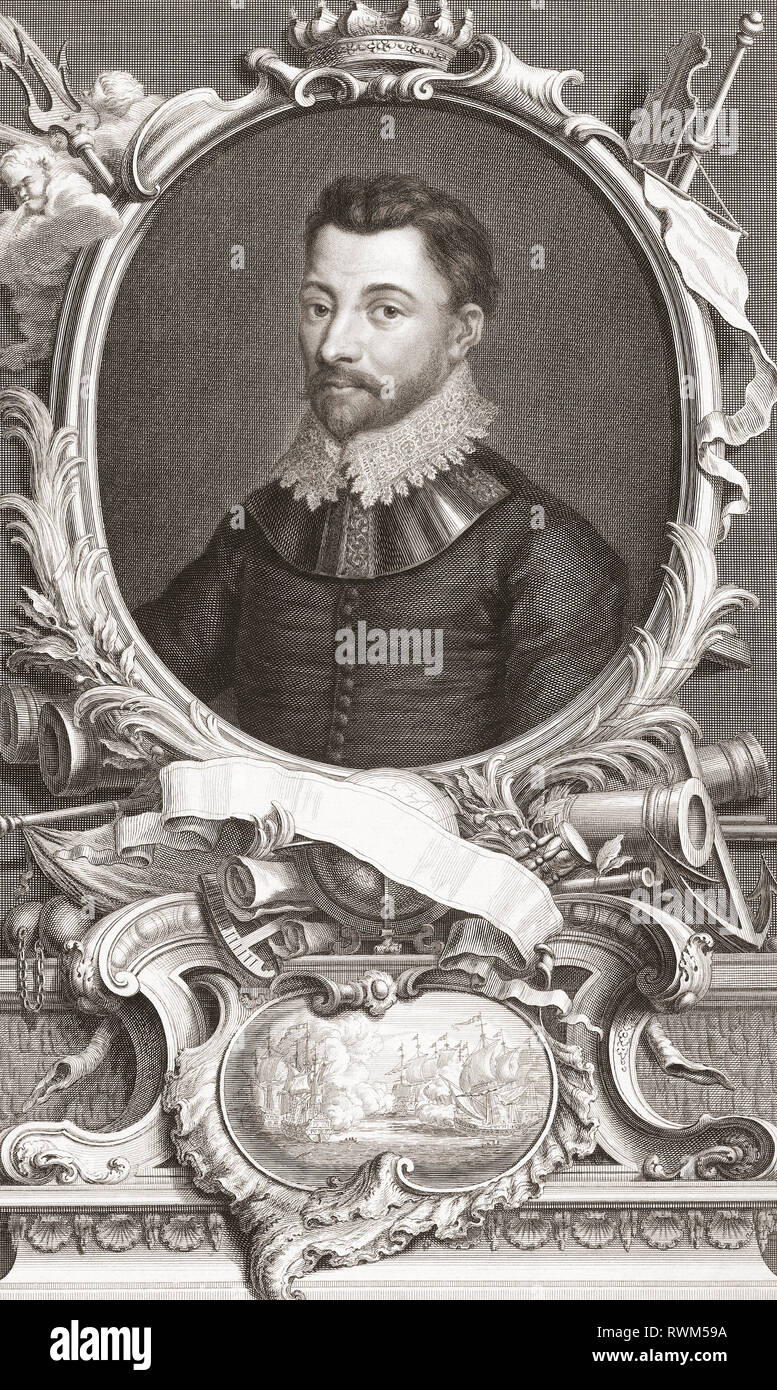 Sir Francis Drake, c.1540 - 1596. Capitaine anglais, corsaire, marchand d'esclaves, officier de marine et explorateur de l'ère élisabéthaine. À partir de l'édition 1813 des chefs d'illustres personnes de Grande-Bretagne, gravé par M. Houbraken et Monsieur la vertu de leur vie et de caractères. Banque D'Images
