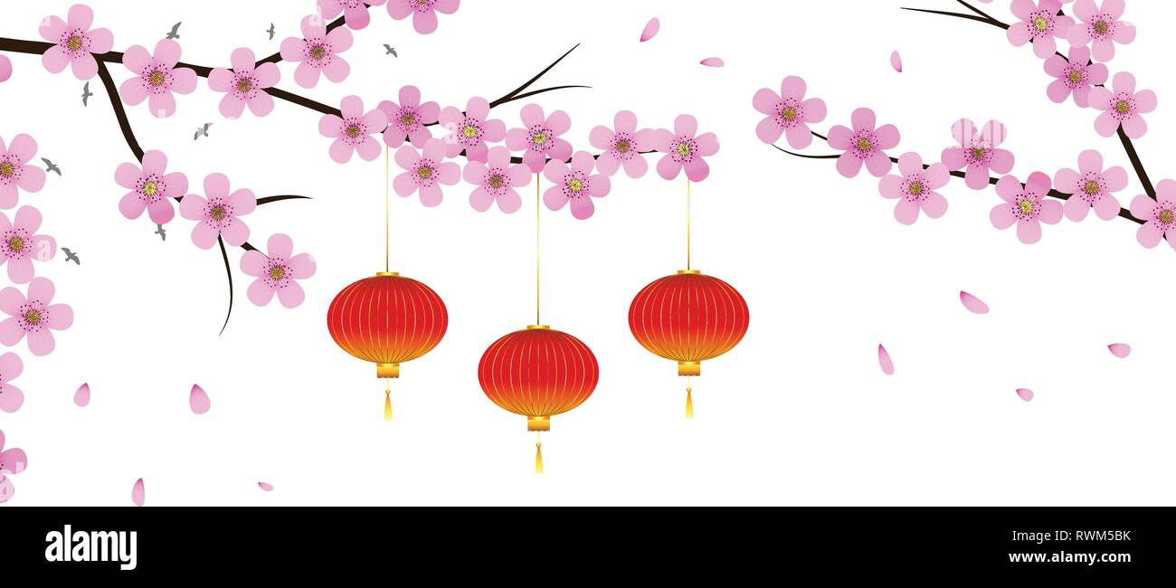 Floral design avec sakura fleurs, oiseaux, lanterne. Illustration de Vecteur