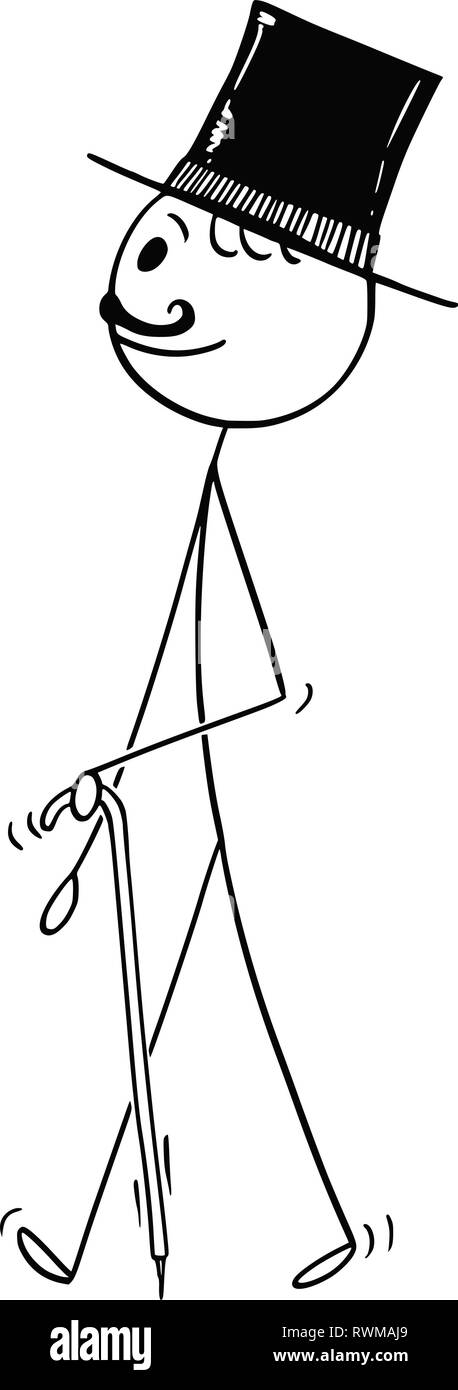 Caricature de gentilhomme marcher avec haut de forme et canne ou bâton Illustration de Vecteur