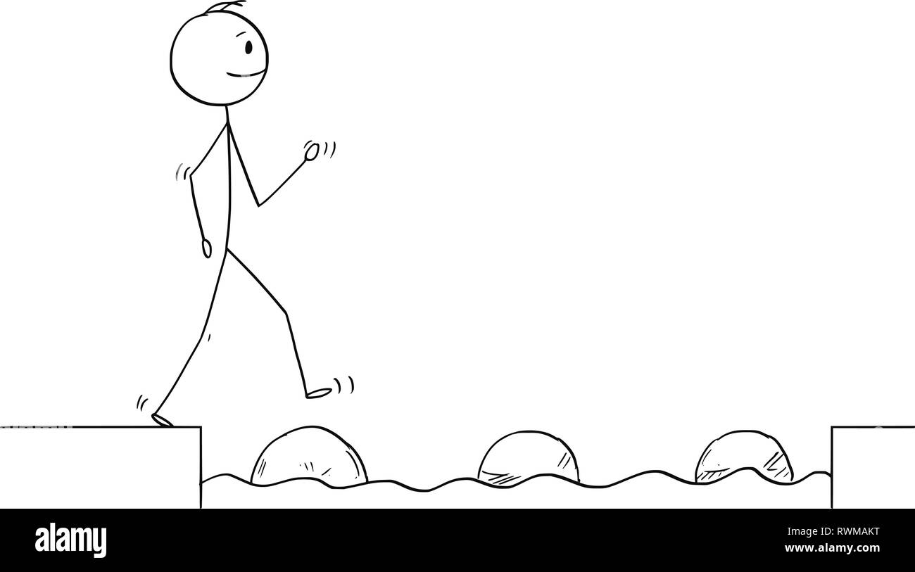 Caricature de l'homme ou Businessman Stepping Stones pour obtenir plus d'Obstacle d'eau Illustration de Vecteur
