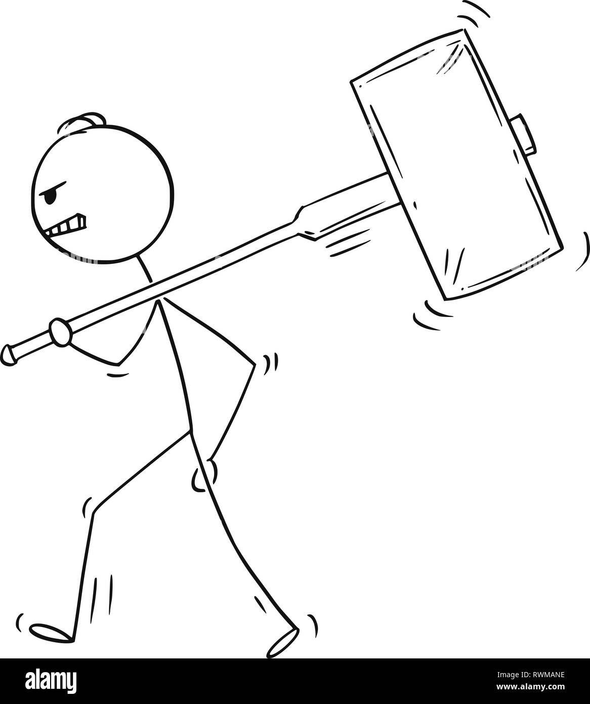 Caricature de l'homme en colère ou Businessman Walking avec gros marteau Illustration de Vecteur