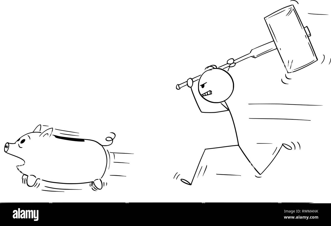 Caricature de l'homme en colère ou Businessman Chasing exécutant Tirelire avec gros marteau Illustration de Vecteur
