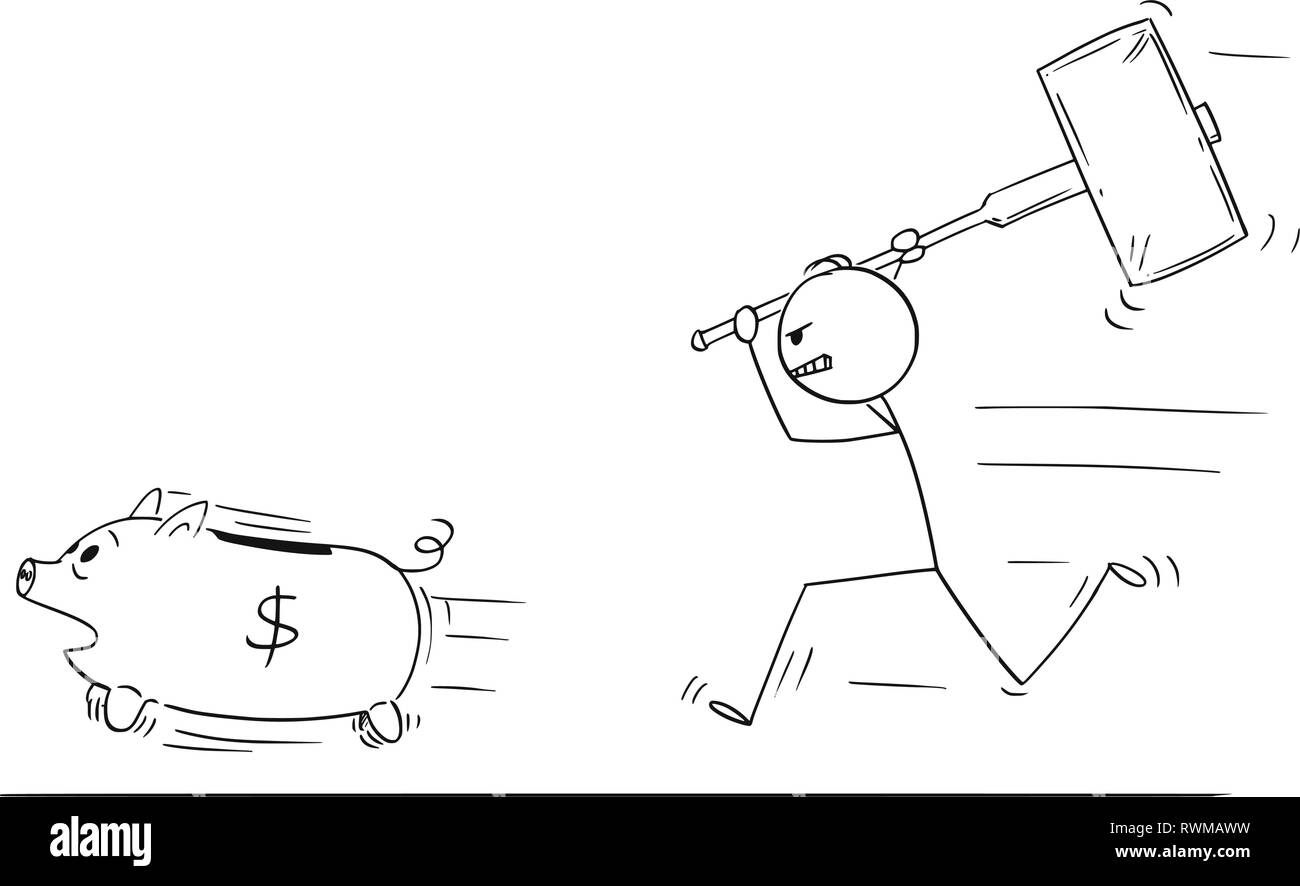 Caricature de l'homme en colère ou Businessman Chasing exécutant Tirelire avec gros marteau Illustration de Vecteur