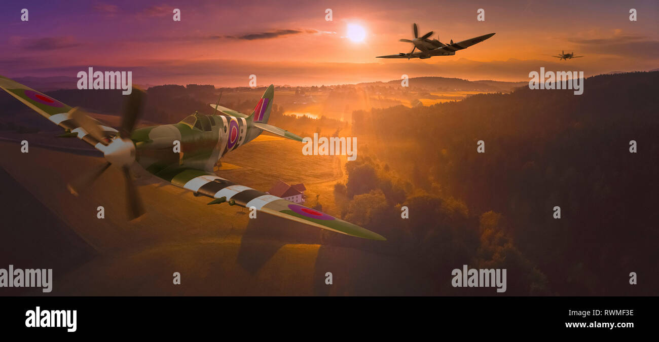 D'un escadron de Spitfire volant bas au-dessus de la campagne, l'image composite Banque D'Images