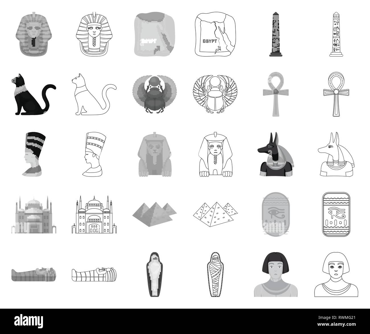 ,Ancien,antiquité,ankh anubis,architecture,attributs,artefact,bastet,string,LE CAIRE,cat,citadelle,collection,crook,Culture,design,Egypte,broyeur,oeil,égyptienne déesse,histoire,or,horus,icône,illustration,isolé,Royaume Uni,logo,,luxor,homme,mask,contour,monochrome,maman,nefertiti,obélisque,pharaon,pyramides,règne,sarcophage,scarab,set,signer,etat,sphinx symbole,territoire,tradition,web,vecteur vecteurs vecteur , Illustration de Vecteur