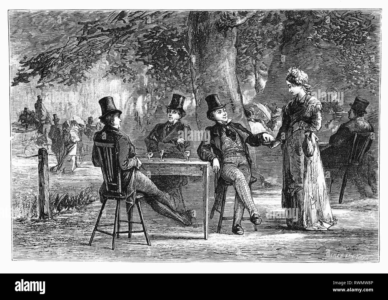 L'attribution d'un musicien ambulant dame, l'une des trois femmes du 19ème siècle avec des violons et harpe à Haarlem, aux Pays-Bas. À partir de la Camera Obscura, une collection d'humour néerlandais-réalistes d'essais, de récits et les croquis dans lequel Hildebrand, l'auteur, prend un regard ironique sur le comportement de la "bien-to-do', les trouvant bourgeois et sans un mot pour eux. Banque D'Images