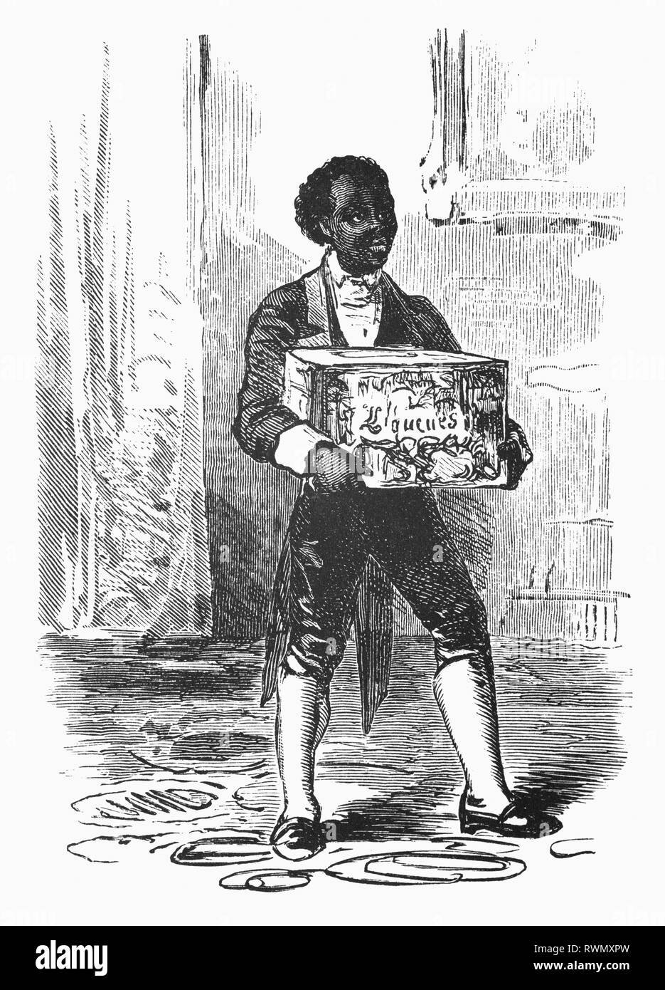 Après le dîner, une jeune servante noire dans le 19ème siècle maison de de la famille Kegge des Antilles et maintenant à Haarlem aux Pays-Bas offre liquers aux invités. À partir de la Camera Obscura, une collection d'humour néerlandais-réalistes d'essais, de récits et les croquis dans lequel Hildebrand, l'auteur, prend un regard ironique sur le comportement de la "bien-to-do', les trouvant bourgeois et sans un mot pour eux. Banque D'Images Après le dîner, une jeune servante noire dans le 19ème siècle maison de de la famille Kegge des Antilles et maintenant à Haarlem aux Pays-Bas offre liquers aux invités. À partir de la Camera Obscura, une collection d'humour néerlandais-réalistes d'essais, de récits et les croquis dans lequel Hildebrand, l'auteur, prend un regard ironique sur le comportement de la "bien-to-do', les trouvant bourgeois et sans un mot pour eux. Banque D'Images