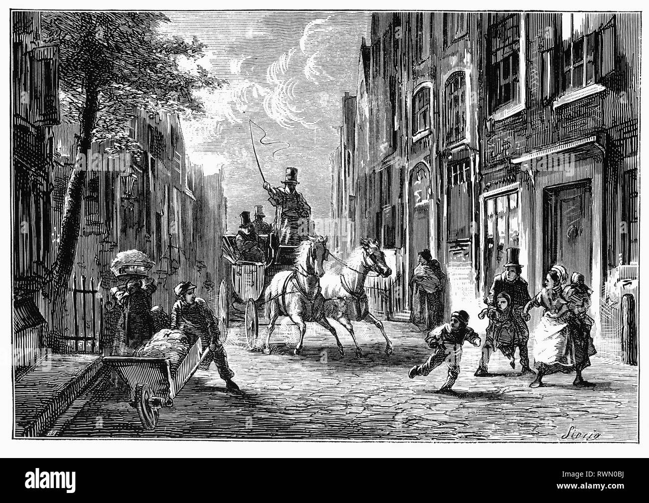 Hildebrand et M. Kegge d'une balade en calèche à Haarlem aux Pays-Bas. Disque de conduite, les piétons avec des brouettes et des vieilles femmes qui venaient de le marché du poisson cru plus sûr d'abandonner leur marche jusqu'à ce que le chariot était passée. À partir de la Camera Obscura, une collection d'humour néerlandais-réalistes d'essais, de récits et les croquis dans lequel Hildebrand, l'auteur, prend un regard ironique sur le comportement de la "bien-to-do', les trouvant bourgeois et sans un mot pour eux. Banque D'Images