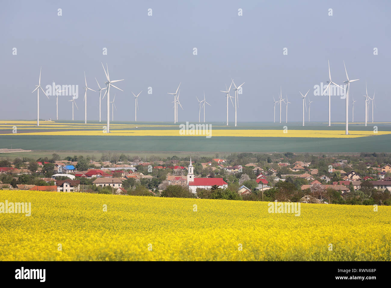 Ferme éolienne près d'un petit village dans la région de Dobrogea, région de Roumanie Banque D'Images