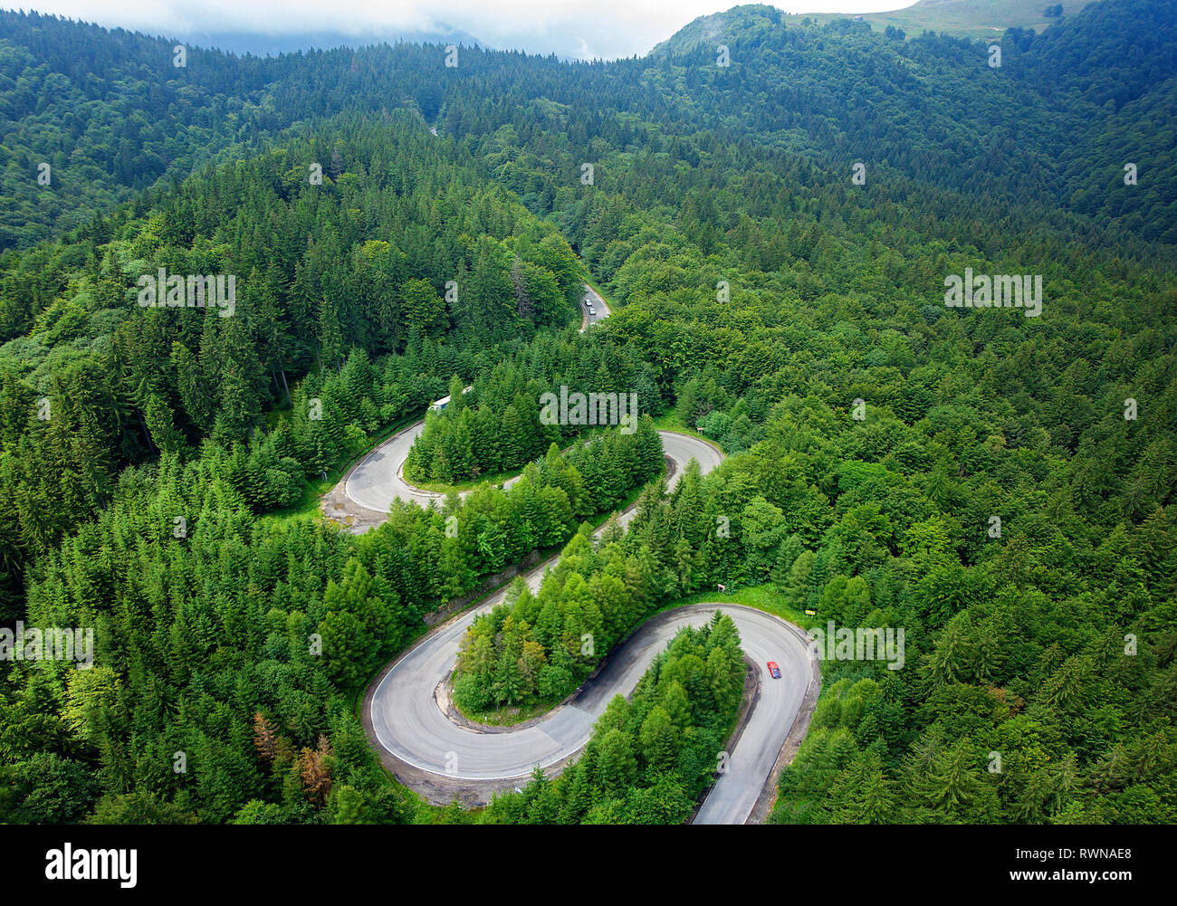 Panneaux route sinueuse à travers la forêt vue aérienne. Col de haute montagne. Vue aérienne Banque D'Images