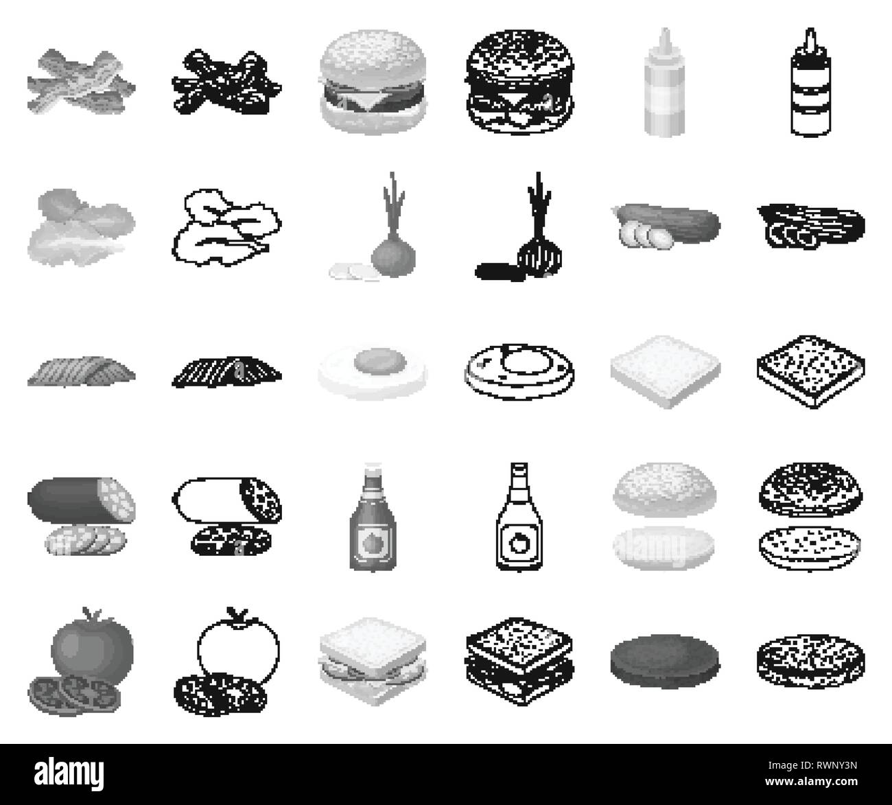 Bouteille,bacon burger, pain, fromage,cafe,poulet,collection,la composition,concombre,design,oeufs,rapide,demi,icône,,illustration,isolé,ingrédient,éléments,feuilles,ketchup laitue,logo,viande,monochrome,moutarde,plan,oignon,,piece,produit,restaurant,roll,salami sandwich,, saucisses, œufs brouillés,assaisonnement,set,signe symbole,tomate,goût,,légumes,web,vecteurs vecteur , Illustration de Vecteur