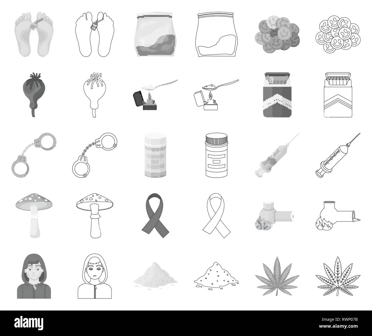 La toxicomanie et les attributs contours,monochrome set icônes de collection pour la conception. Addict et drogues symbole vecteur illustration de stock. Illustration de Vecteur
