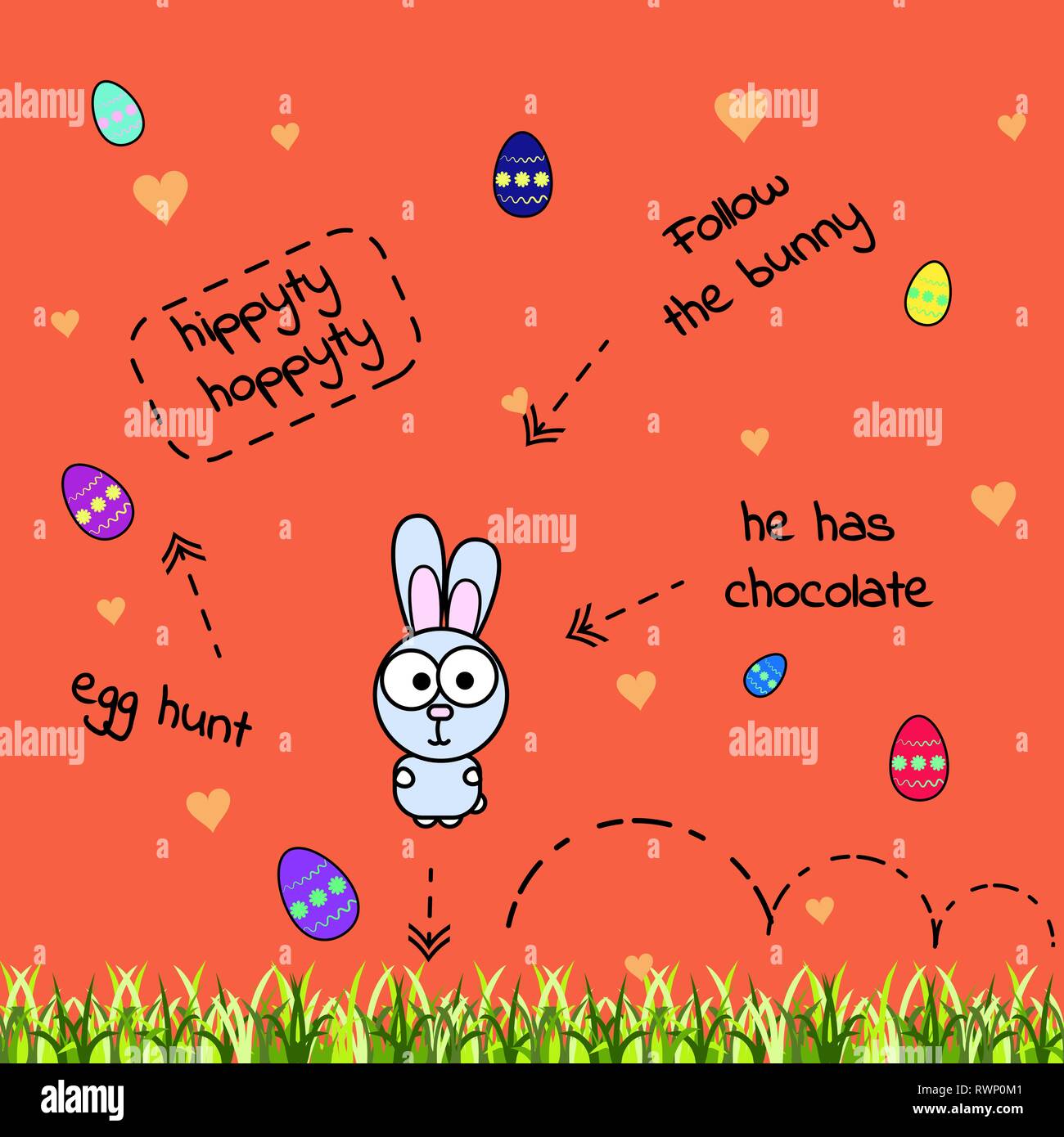 Carte vectorielle avec saut de lapin gris et dispersés multi-couleur des œufs. Chasse aux oeufs. Le lapin a le chocolat. Illustration avec un contour épais sur un ora Illustration de Vecteur