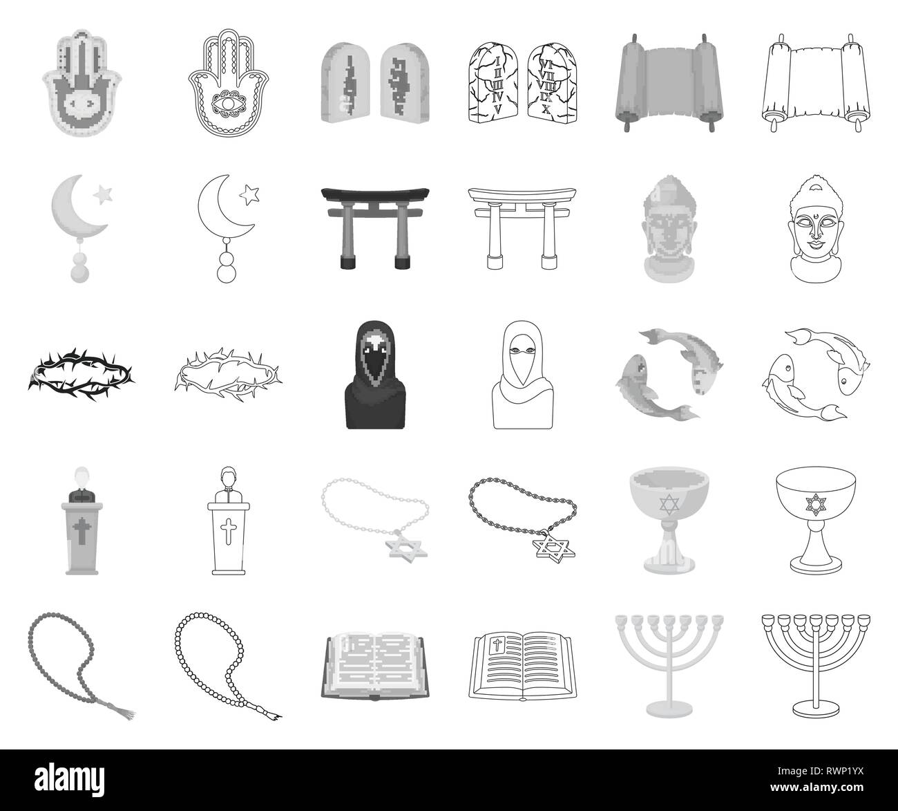 ,Accessoires,art,perles,bible chrétienne,bouddha,christianisme,collection,commandements confession,croissant,couronne,coupe,,david,design,foi,poissons,icône,hamsa,illustration,islam,isolé,islamique,le judaïsme,logo,koi,menorah,contour,monochrome,niqab,la prière,prêtre,religion,rite,rosaire,set,culte,signer,star,cote,tanakh,10,épines,torii vecteur,web,vin,vecteurs vecteur culte , Illustration de Vecteur