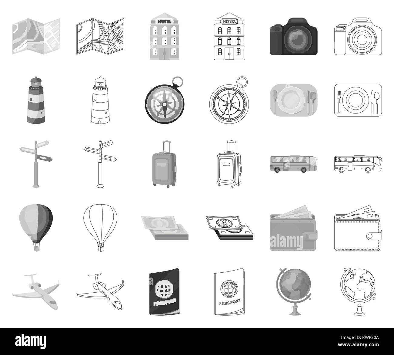 Airballoon,compagnie,avion,de,des,bus,business,camera,cash,compas,collection,pays,carrefour,design,croisière,excursion,animation,finance,vol,monde,hotel,icon,illustration,isolé,jorney,phare,assurance,site,plan,monochrome,passeport,pile,plaisir,se détendre,reste,servi,set,signer,table,symbole,ticket,tour,tourisme,voyage,transport,voyage,vacances,voyage,monde,portefeuille vecteurs vecteur , Illustration de Vecteur