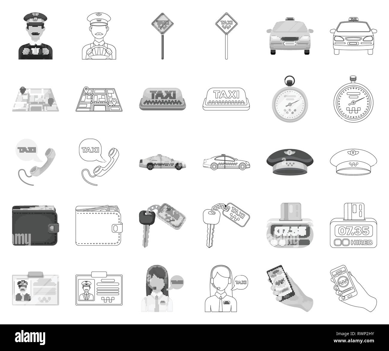 Badge,chauffeur,cap,calcul, voiture,  carte,collection,design,dispatcher,chauffeur,,tarif,verre,icône  illustration,Key,feux,trousseau,site,,micro,argent,monochrome,plan,opérateur,parking,passager  téléphone,photographie,sac à main,route,bord,service,set ...