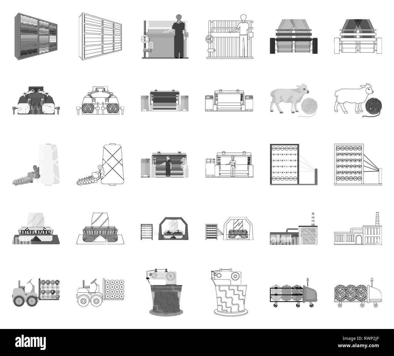 Appareil,bâtiment,rampe,tissu,collection,antenne,couleur,de,construction,coloration,coton,brut,appareil,équipement,tissu,usine,filament,polaire,icône illustration,industriel,chargeur,stock,linge,industrie,master, la matière,,mécanicien,moulin,monochrome contours,traitement,plantes,standard,jeu,couture,Moutons,une,signe symbole,filature,technique,tangle,textiles,tissu,thread,unité,laine,travailleur,fils,vecteurs vecteur , Illustration de Vecteur