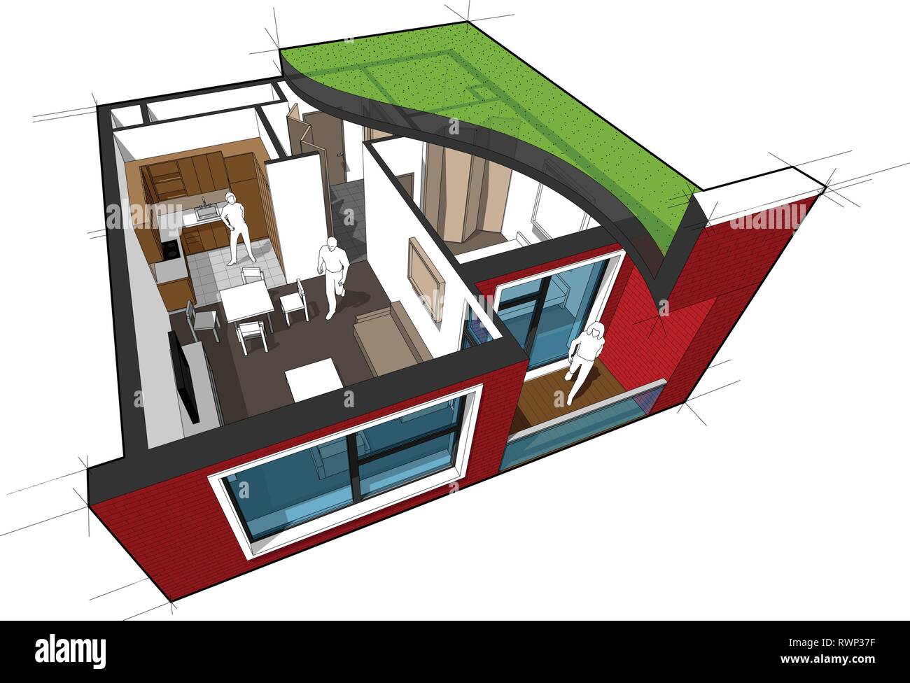 Schéma en coupe de la perspective d'un appartement d'une chambre à coucher entièrement meublé avec toit plat sur elle en coupe Illustration de Vecteur