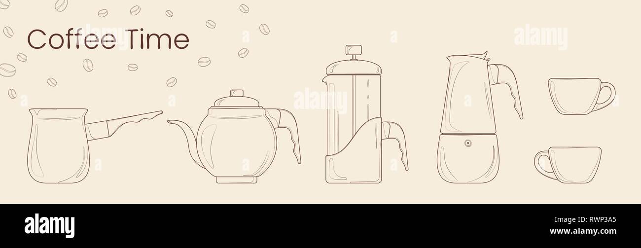 Ensemble de vecteur ligne de préparation du café. Cezve, cafetière électrique, presse française, pot de moka et de café tasse de café. Vecteur isolé pour coffee house, shop Illustration de Vecteur