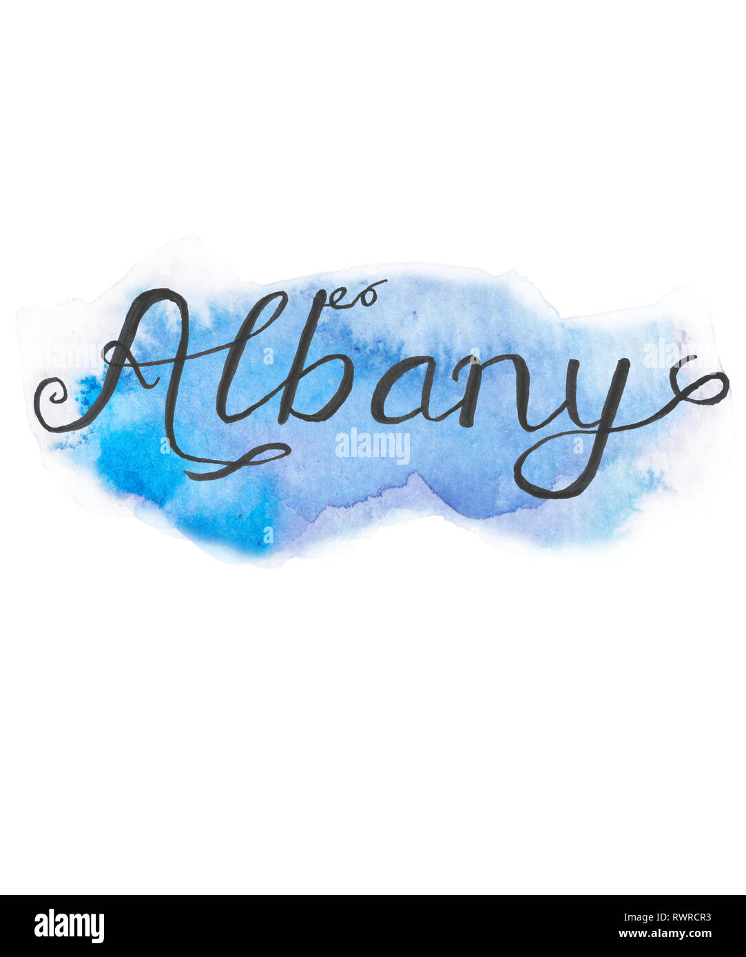 La ville d'Albany en calligraphie manuscrite script sur un fond peint à l'aquarelle bleue. De nombreux états et pays ont Albany. Banque D'Images