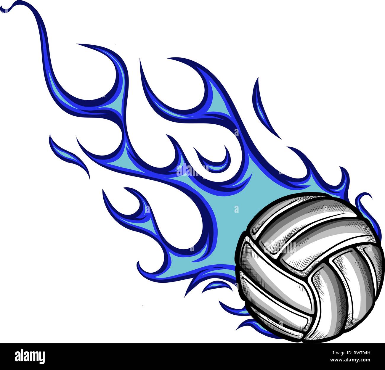 Ballon de volley-ball avec des flammes et le feu bleu Illustration de Vecteur