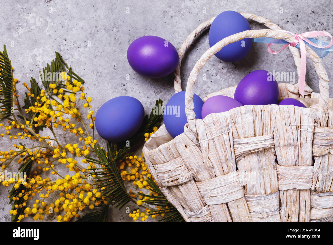 Oeufs de Pâques décorés dans des couleurs différentes avec une branche de mimosa sur la table, vue du dessus Banque D'Images