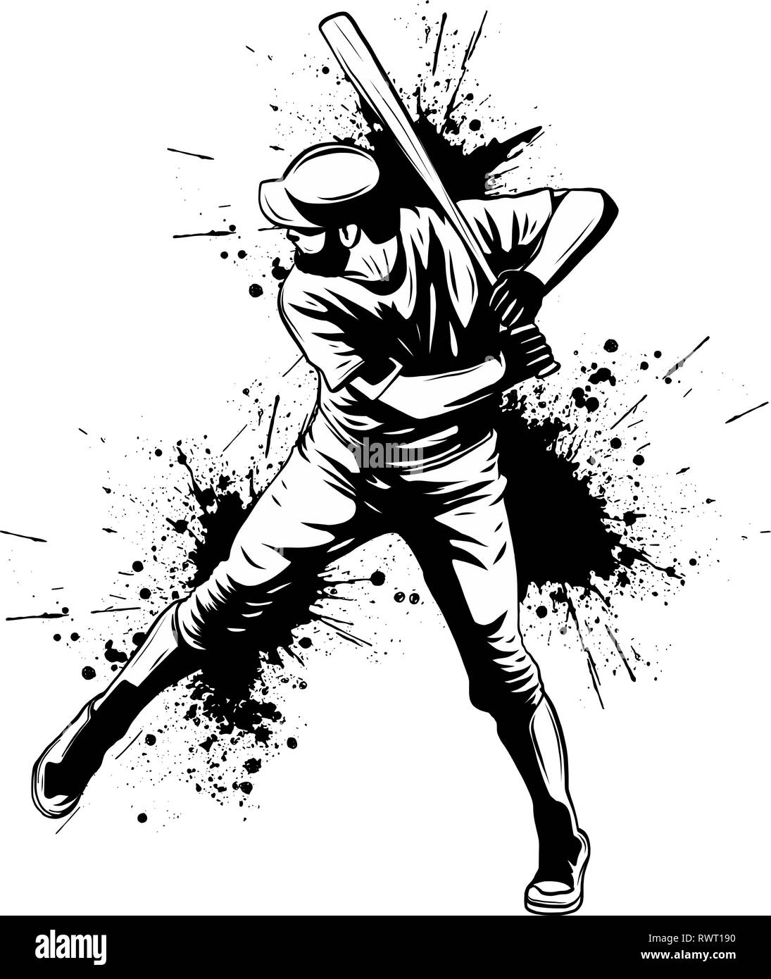 Joueur de baseball, hitter balançant avec bat, résumé vecteur isolé silhouette, dessin à l'encre Illustration de Vecteur