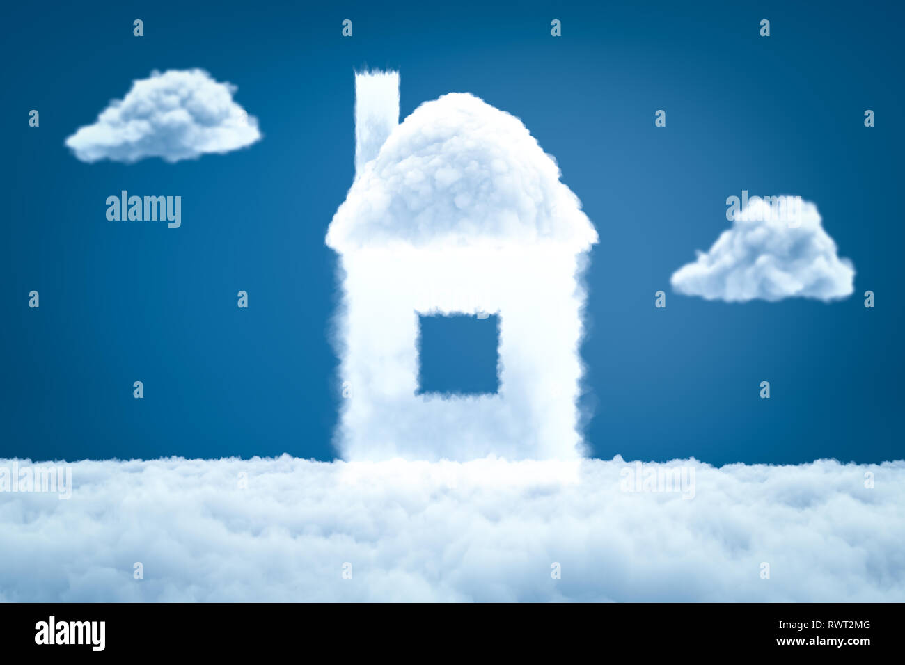 Le rendu 3D de la maison nuage blanc sur fond bleu Banque D'Images