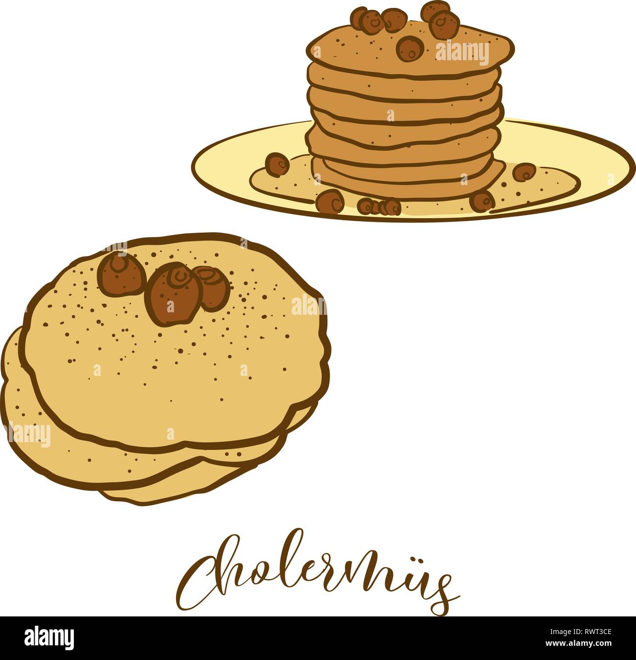 Croquis de couleur d'Cholermüs le pain. Dessin vectoriel de Pancake, aliments habituellement connu en Suisse. Illustration du pain de couleur série. Illustration de Vecteur