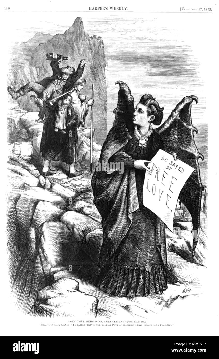 WOODHULL VICTORIA (1838-1927) leader au suffrage des femmes américaines. Caricature dans Harpers Weekly, 1872 Paraf montrant que Satan. Banque D'Images