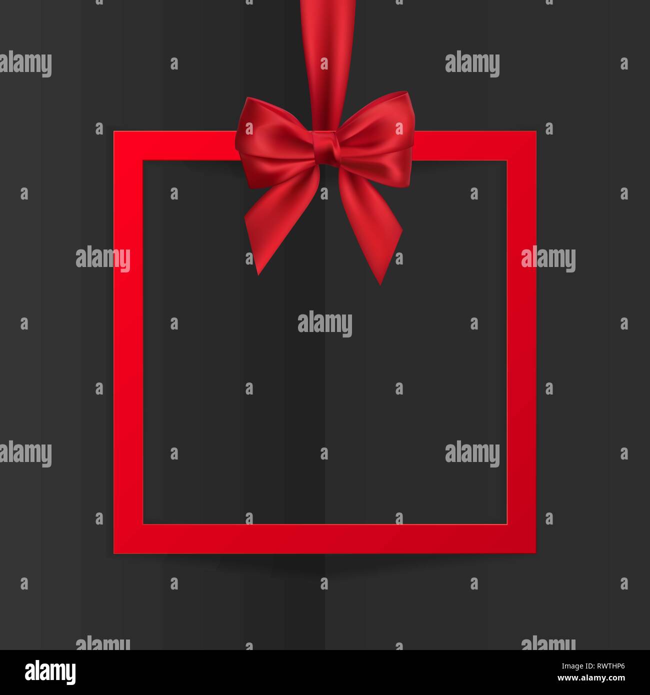 Maison de vacances à cadre lumineux cadeau pendaison bannière avec ruban rouge et bow soyeux sur fond noir. Vector illustration. Illustration de Vecteur