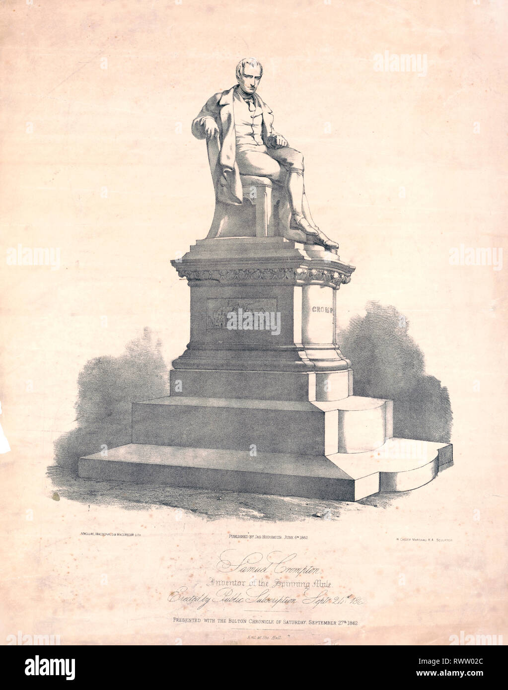 Imprimer montre statue de Samuel Crompton en place Nelson, Bolton en Angleterre. La statue, par W. Calder Marshall, a été élevé par souscription publique. Banque D'Images