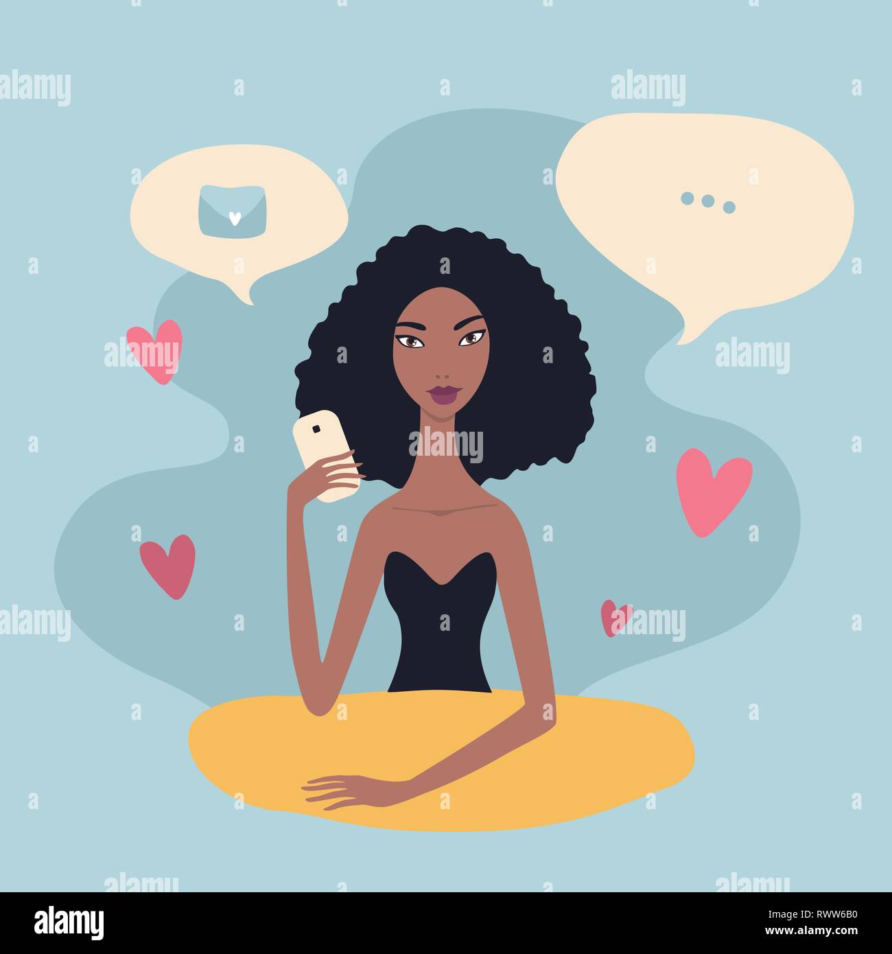 Jeune belle African American Woman holding mobile phone Illustration de Vecteur