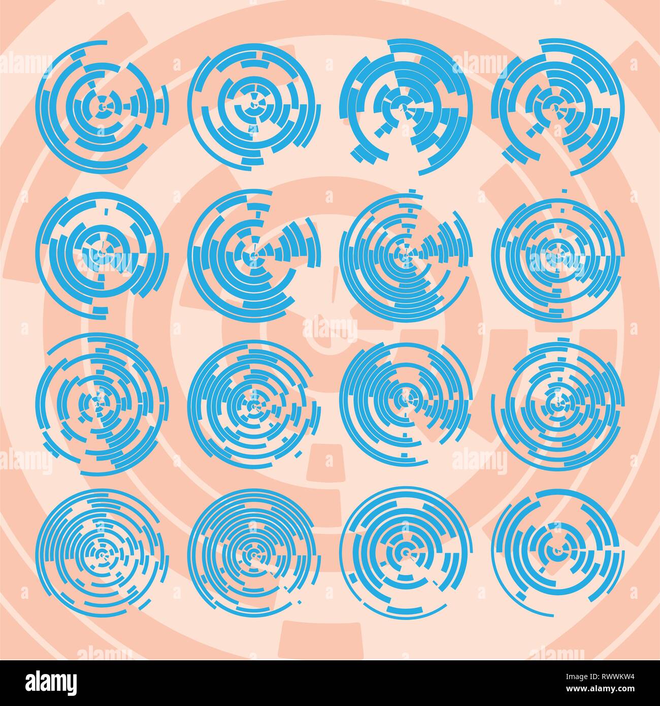 Abstract hightech collection bleue ensemble de 16 radars, Cercle Technologie fond. eps 10 Illustration de Vecteur