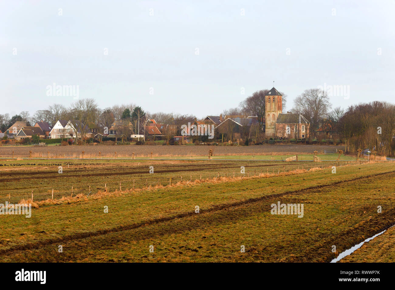 Vieille église traditionnelle et champs de Hippolytushoef à spring, Hollands Kroon, Pays-Bas. Banque D'Images