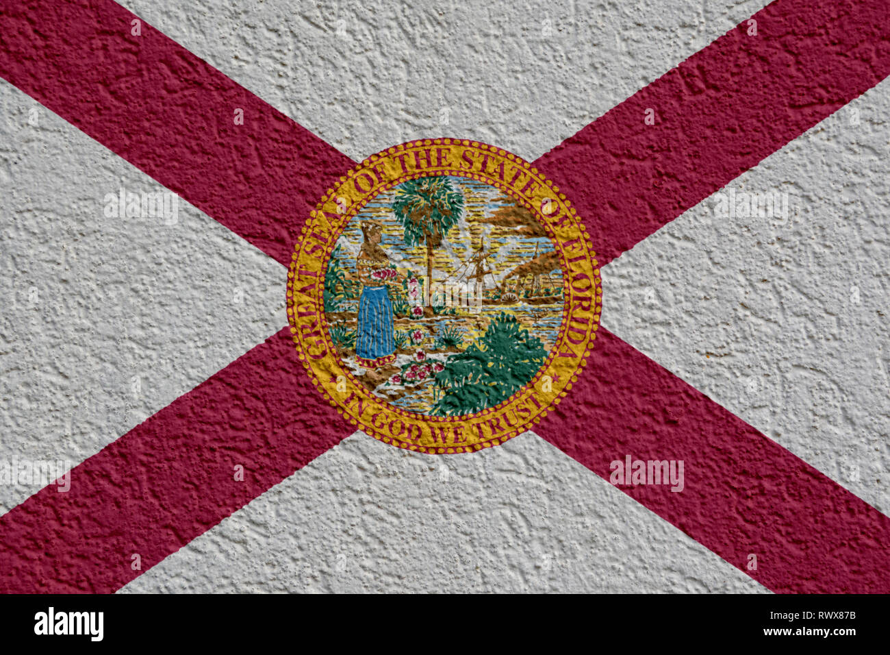 La politique d'État des États-Unis ou de l'entreprise Concept : Drapeau de la Floride avec mur de plâtre, la texture d'arrière-plan Banque D'Images