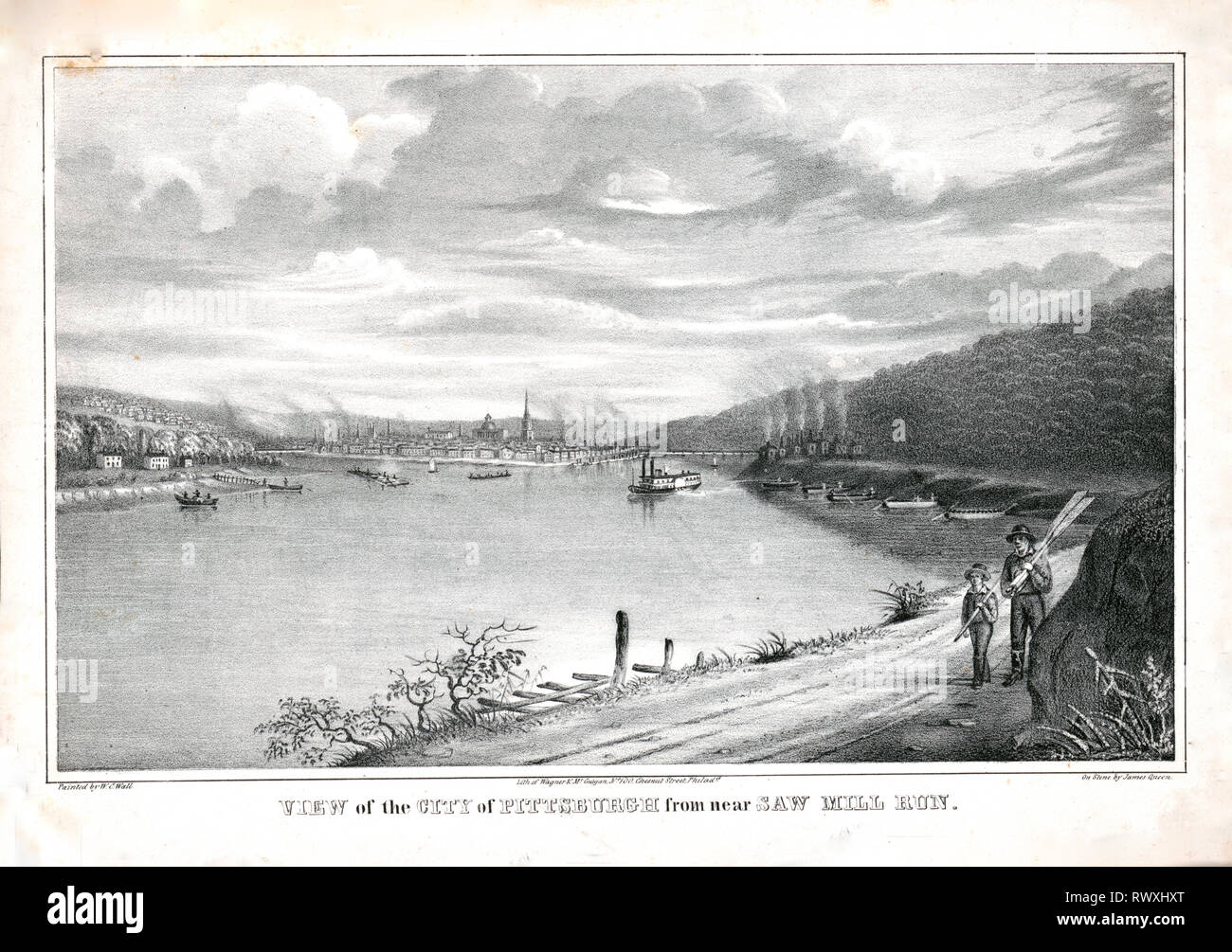 Imprimer montre une vue lointaine de Pittsburgh à la confluence de l'Allegheny et Monogahela d'eau d'un point de vue le long de la rivière Ohio. Banque D'Images